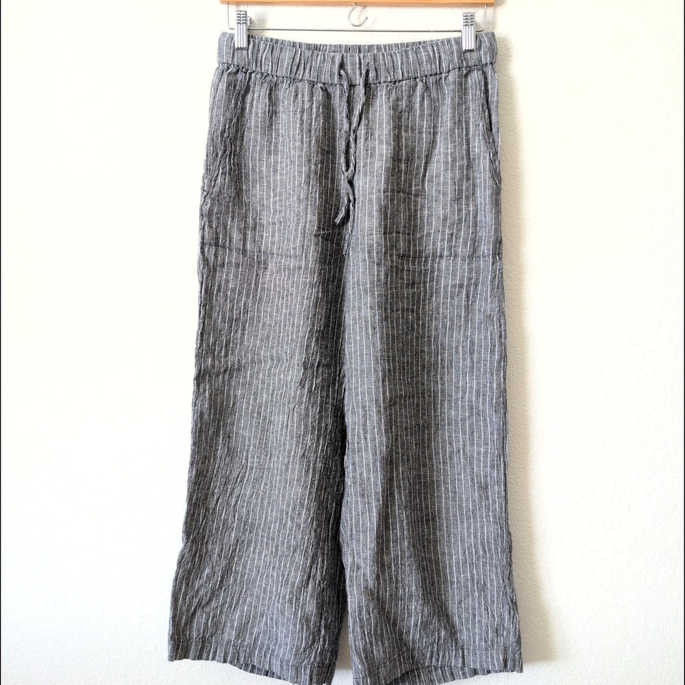 Eileen Fisher Organic Linen Pinstripe Wide Leg Pants Grey XS Coastal Euro Summer - Picture 6 of 7